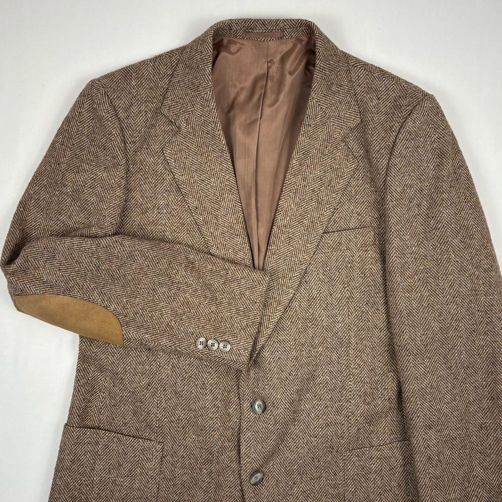 VTG FOUR/FORTY Tweed Wool Suede Elbow Patches Sport Coat 40R Brown Herringbone